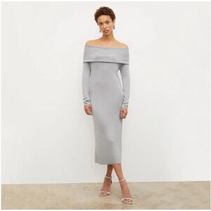MM Lafleur The Lalita Dress Pale Grey Silk Jersey Knit Midi Dress Size L‎